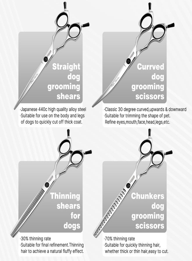 FOGOSP Dog Grooming Scissors Kit 7.5 in Professional Curved Thinning Straight Chunker Shears Grooming Big Dogs Poodle Pet Japan 440C Stainless Steel(7.5'',Kit) - Image 3